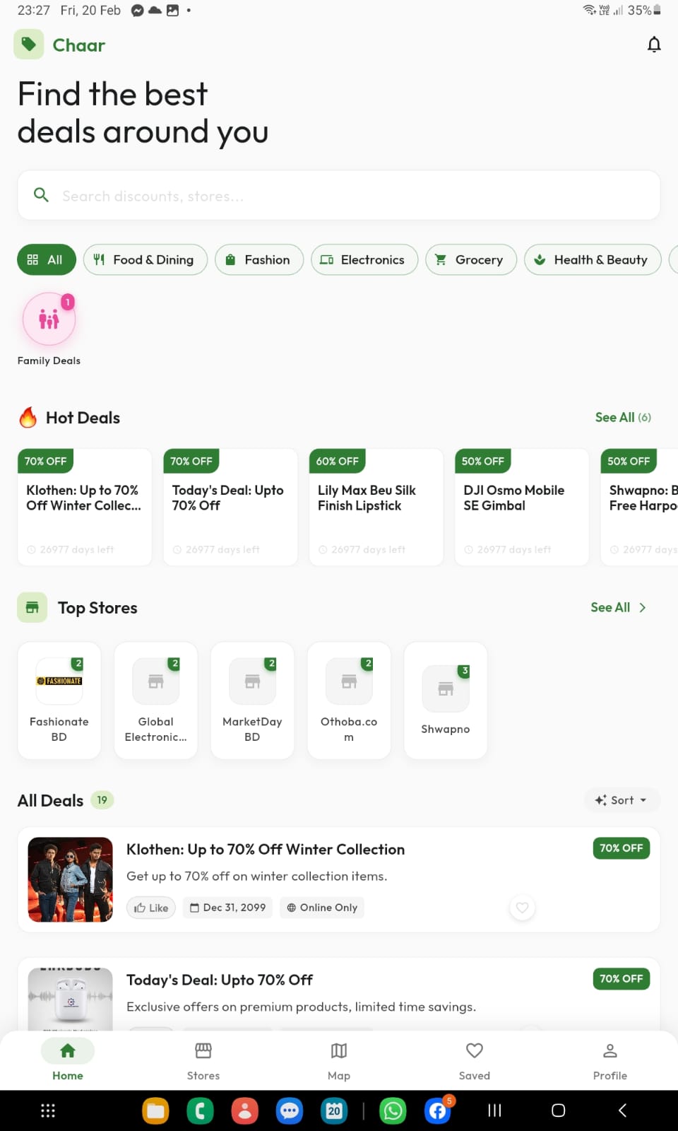 CHHAR app homepage with active deals and store lists