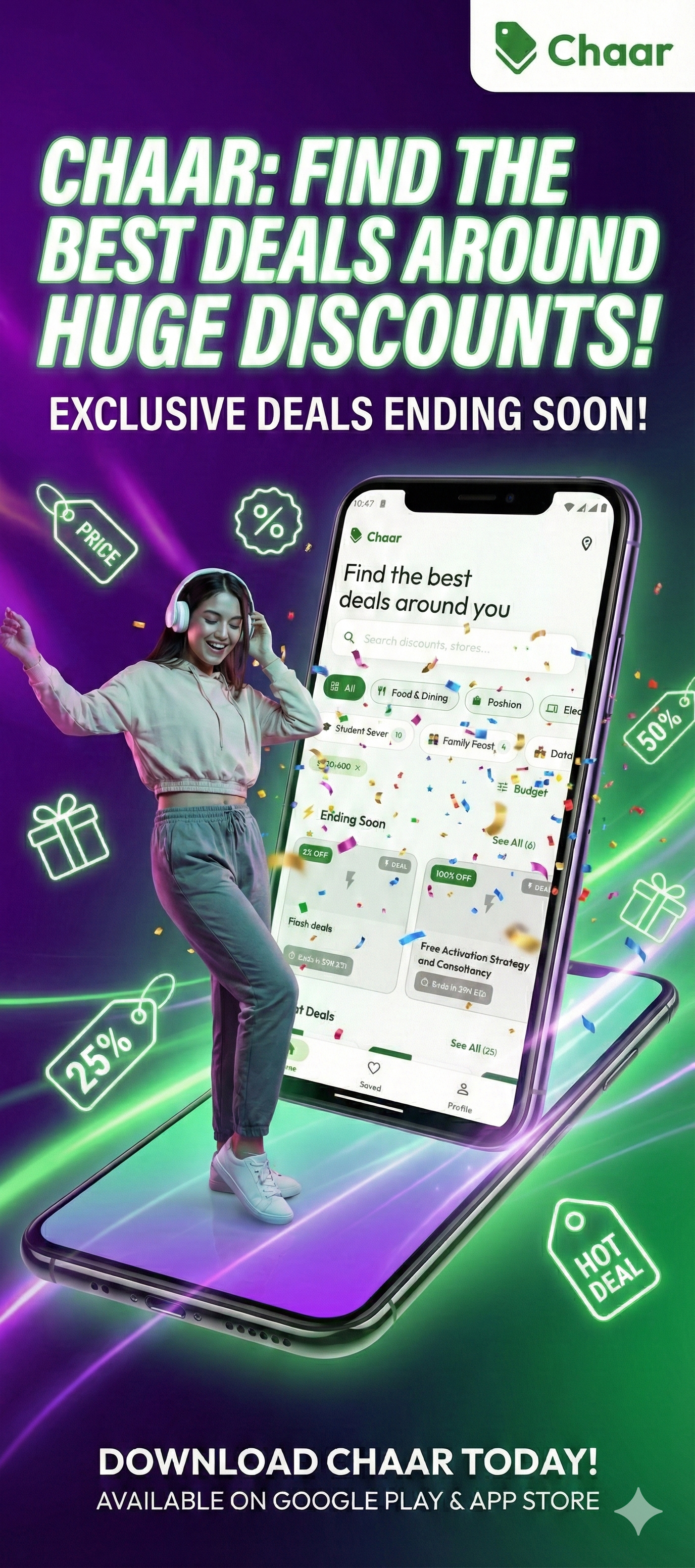 CHHAR promotional app mock inside mobile frame